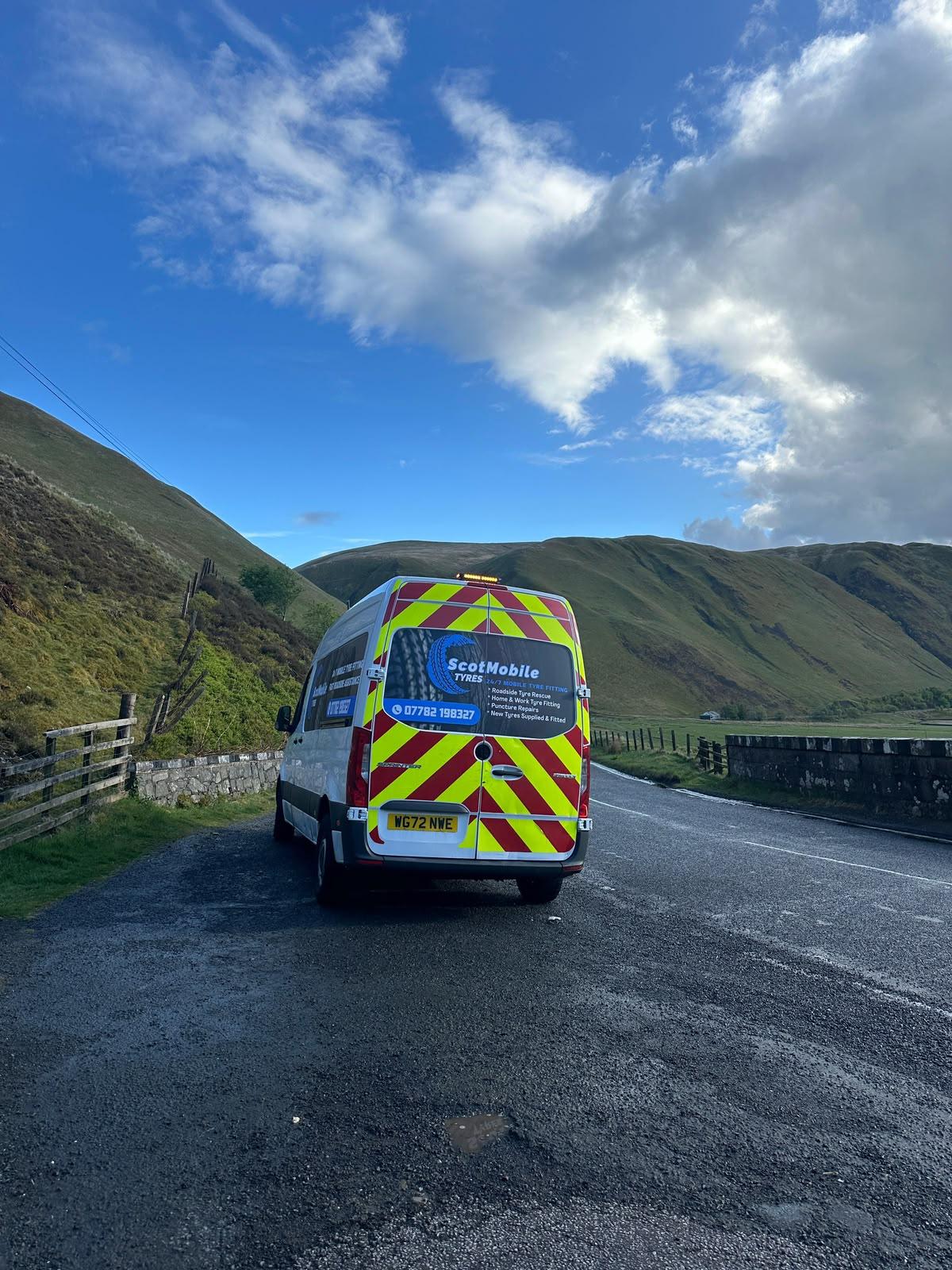 Scot Mobile Tyres van travelling through the Highlands