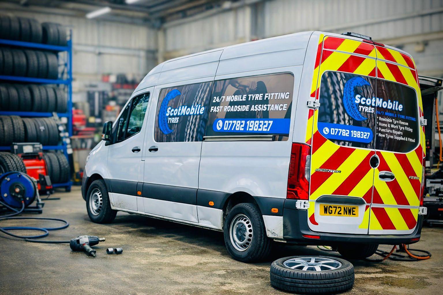 Scot Mobile Tyres service van inside the tyre workshop